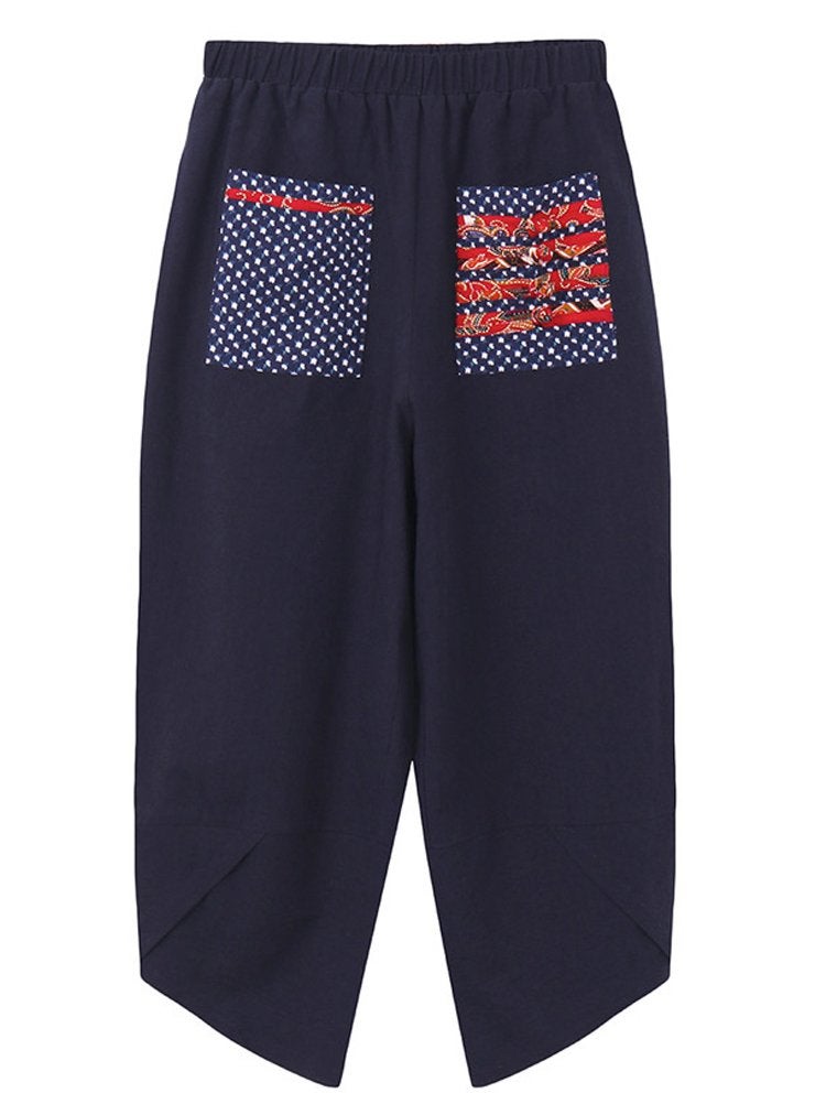 Minibee Women's Baggy Linen Wide Leg Trousers Casual Patchwork Elastic Waist Harem Pants Navy Blue L - Image 2